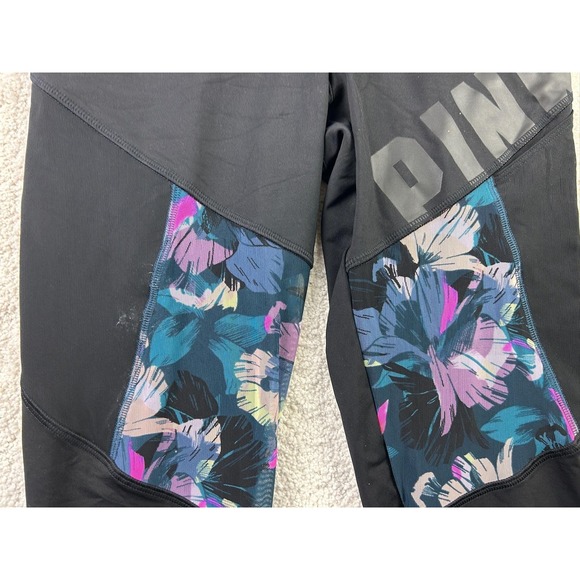 Victoria's Secret PINK Leggings Womens Small Black Floral High Waist Bonded Gym - Picture 3 of 13
